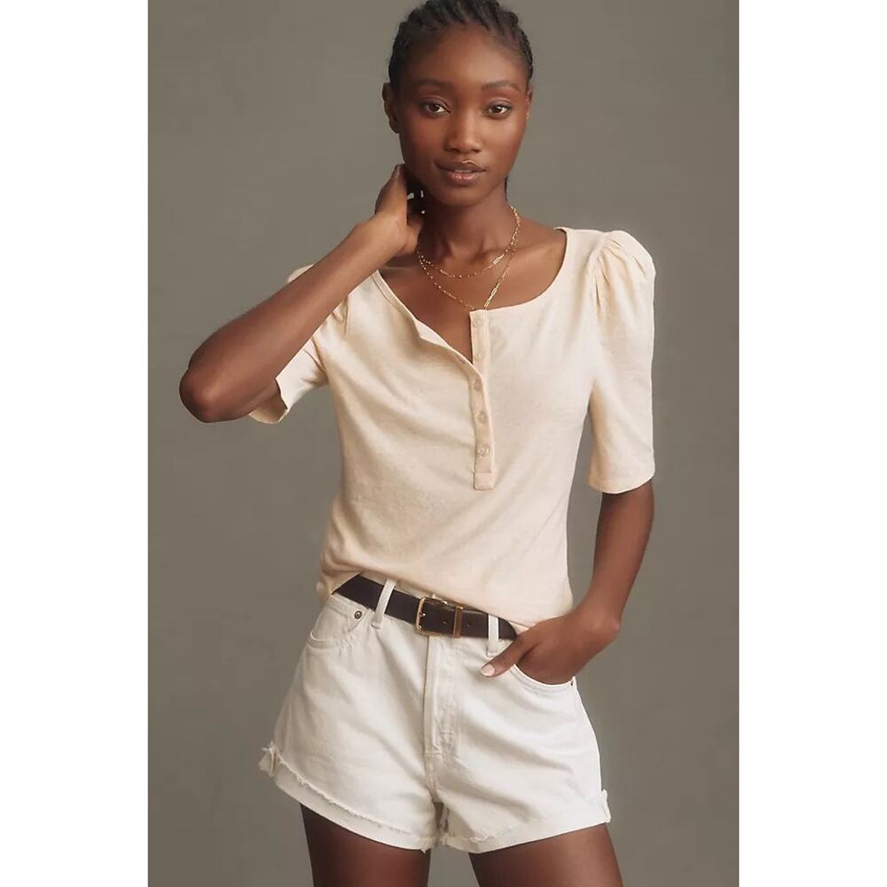 Anthropologie Puff-Sleeve Henley Top Tee Shirt Tan Sable Size XXS New
